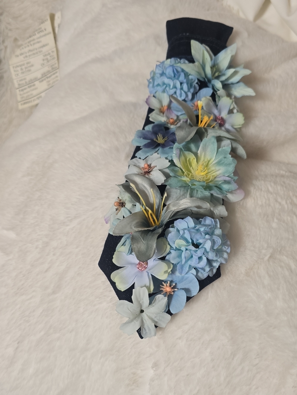 Floral Applique Navy Tie with Blue Fabric Flowers